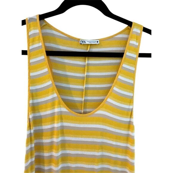 Zara Women's Striped Scoop Neck Ribbed Racerback Maxi Dress Yellow White Medium - Picture 4 of 4